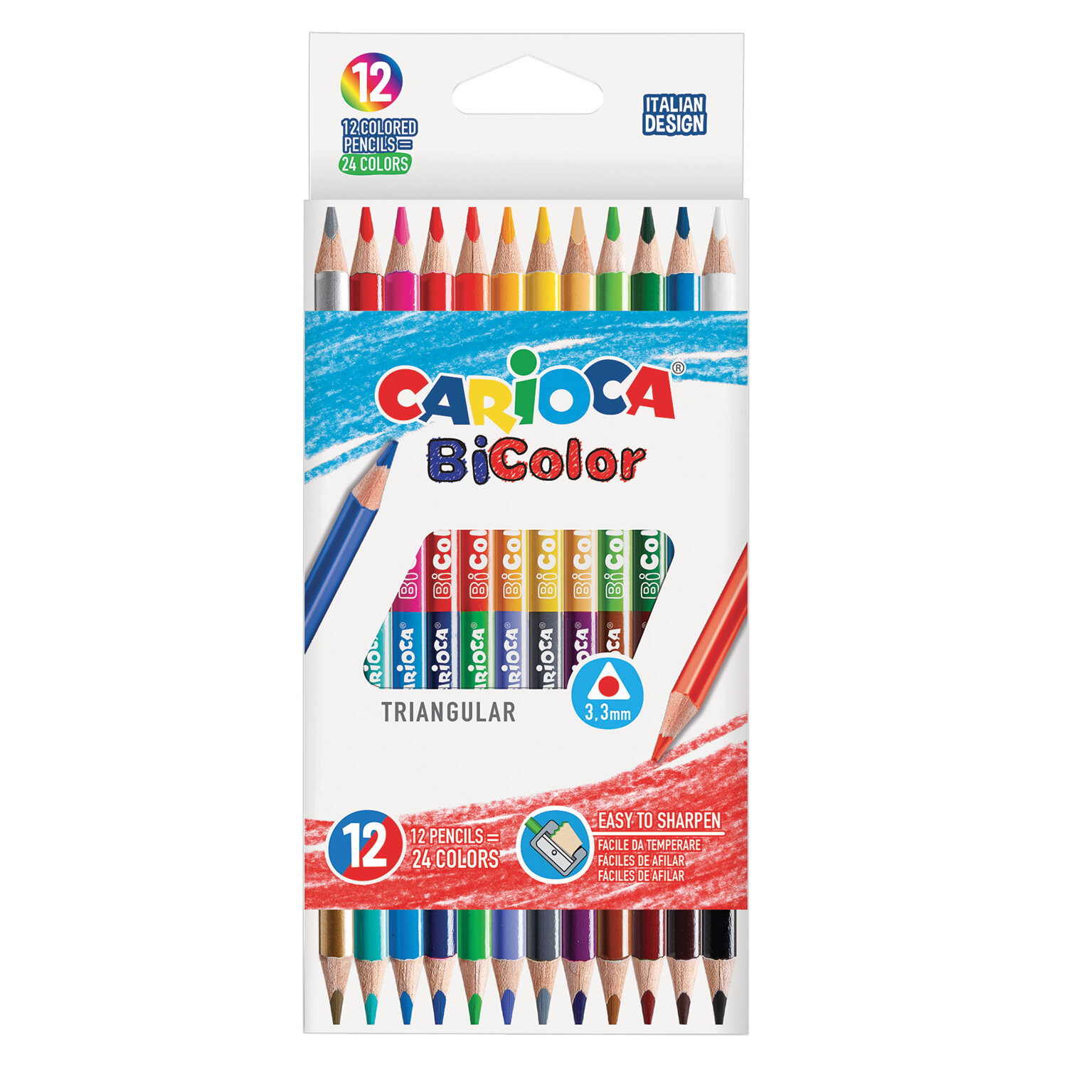 Карандаши двусторонние Carioca "Bi-color", 12 штук, 24 цвета, трехгранные, заточенные (42991), фото